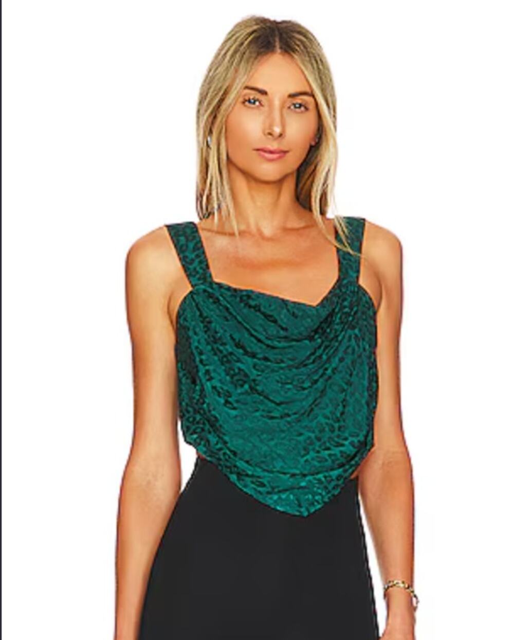 NWT Lovers and Friends Green Satin Leopard Cowl Neck Corset Crop Tank Top Size S